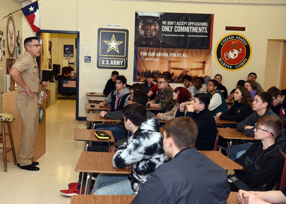 Commodore, Navy Recruiting Region West speaks with South Texas NJROTC Students
