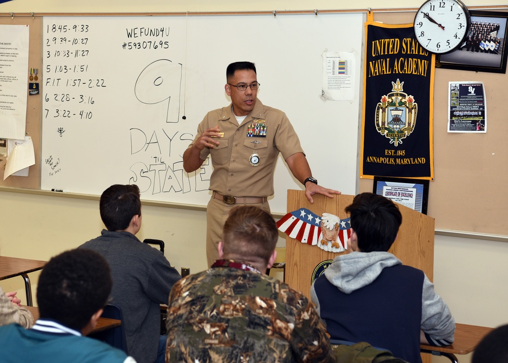 Commodore, Navy Recruiting Region West speaks with South Texas NJROTC Students