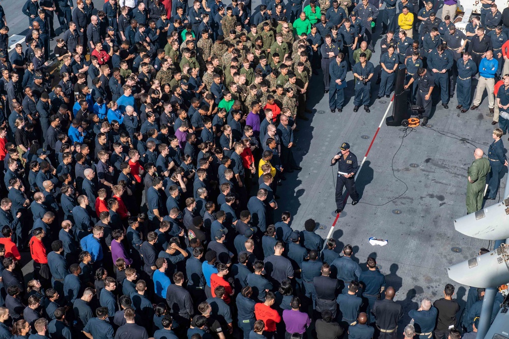 USS America Conducts an All-Hands Call