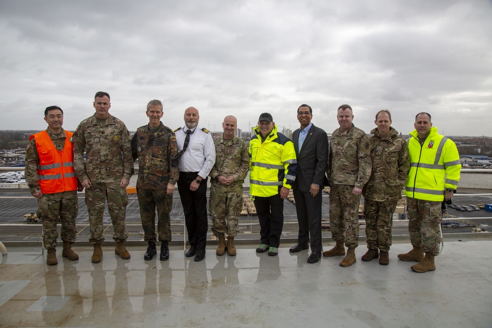 U.S. Army Europe Commanding General, guests pose with ship master aboard M/V Endurance