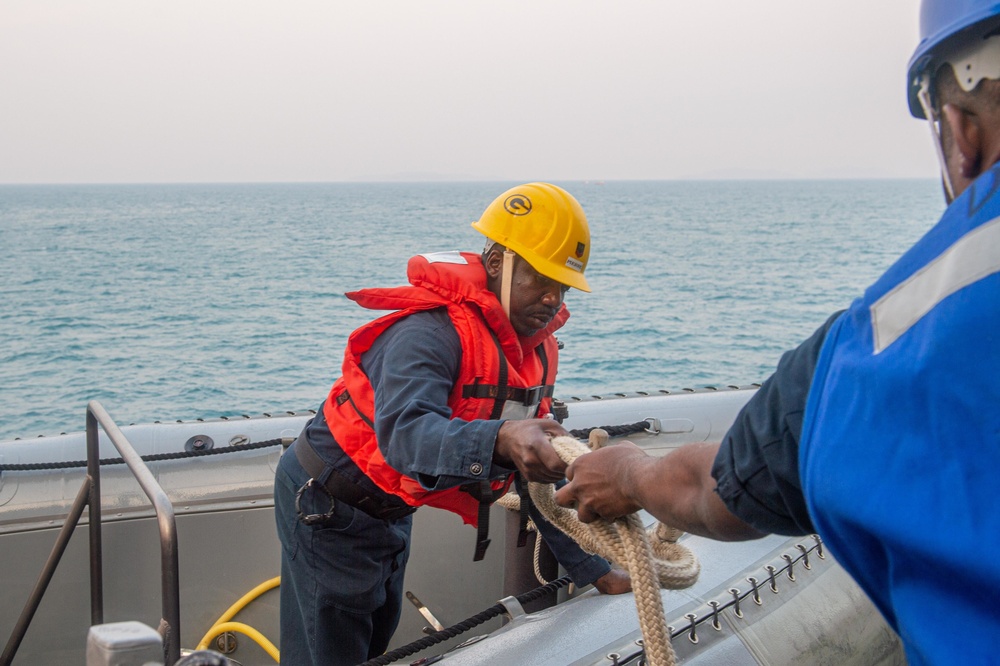 USS Green Bay (LPD 20) Sailors lower a RHIB