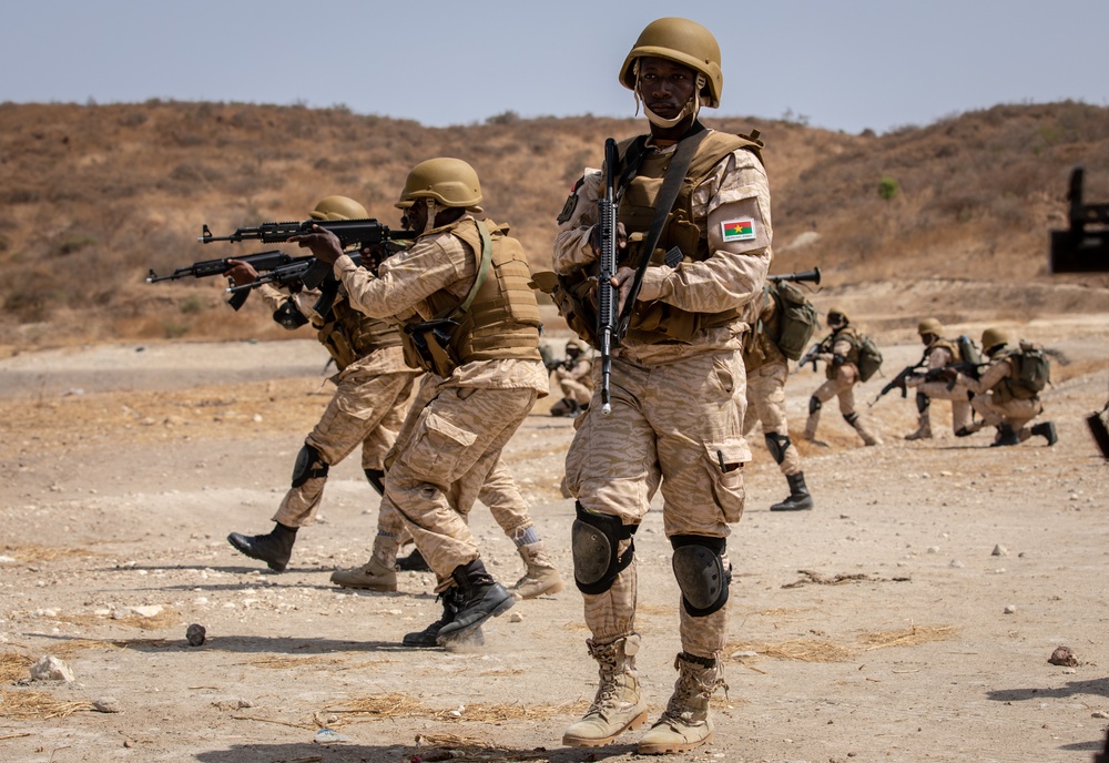 Burkinabe soldiers conduct presence patrols during Flintlock 20