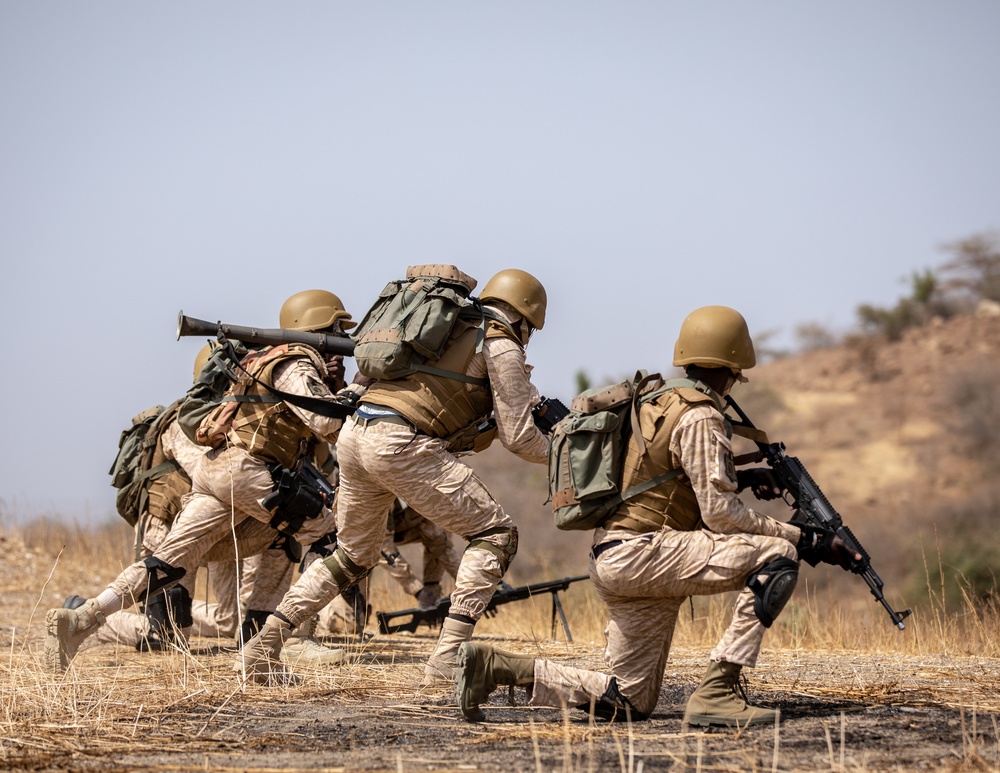 Burkinabe soldiers conduct presence patrols during Flintlock 20