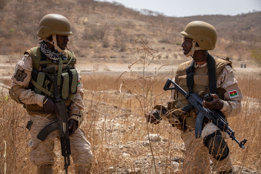 Burkinabe soldiers conduct presence patrols during Flintlock 20