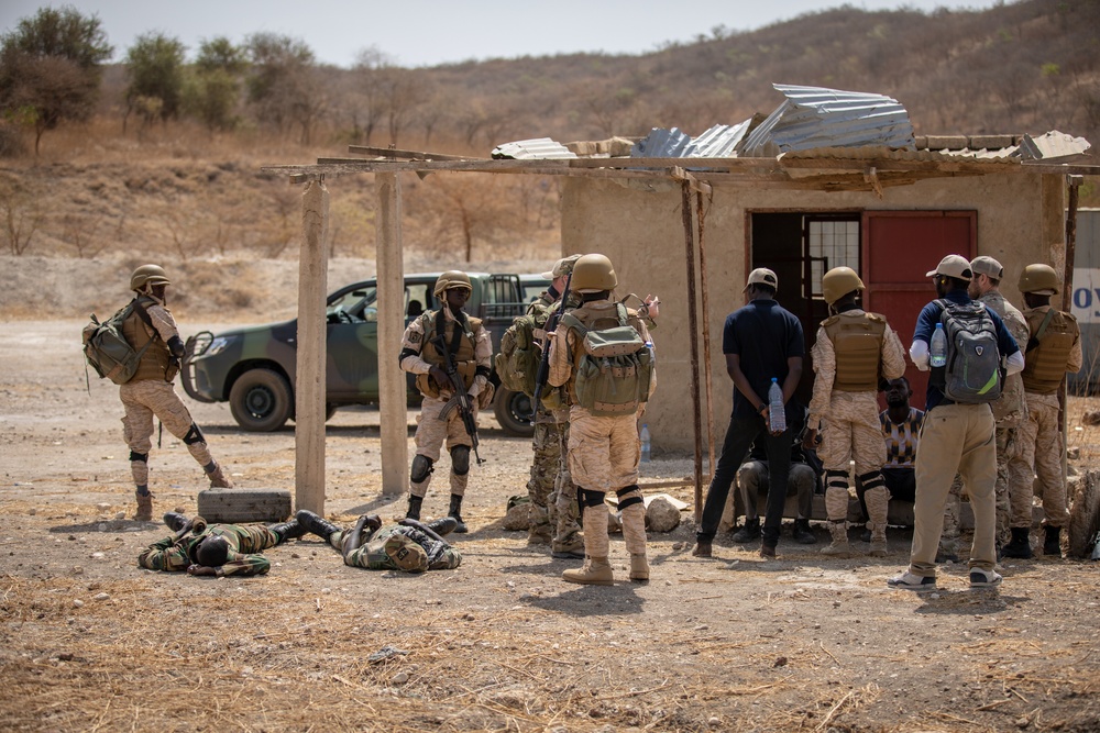 Burkinabe soldiers conduct presence patrols during Flintlock 20