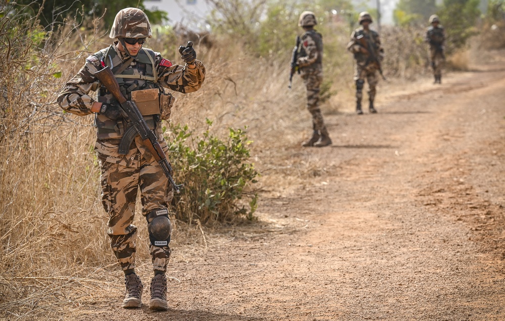 Soldiers in the Moroccan Army simulate conducting a patrol during a drill in preparation for the beginning of FLINTLOCK 20