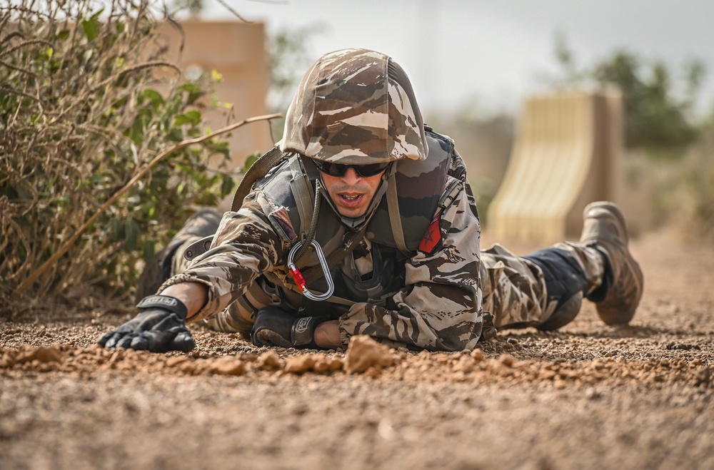 Soldiers in the Moroccan Army simulate conducting a patrol during a drill in preparation for the beginning of FLINTLOCK 20