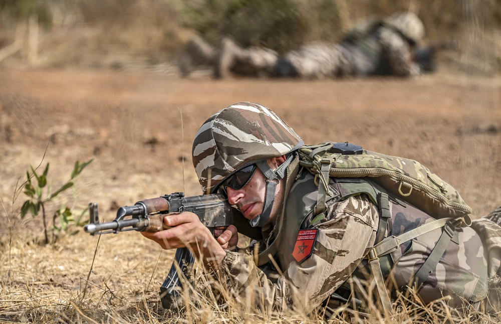 Soldiers in the Moroccan Army simulate conducting a patrol during a drill in preparation for the beginning of FLINTLOCK 20