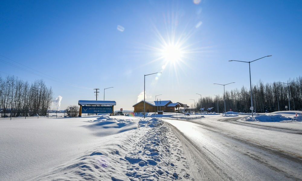 Long shot Eielson Air Base entry sign