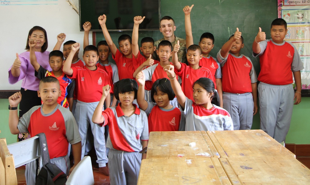 Cobra Gold 20: U.S. National Guard Soldiers interact with students in Phitsanulok