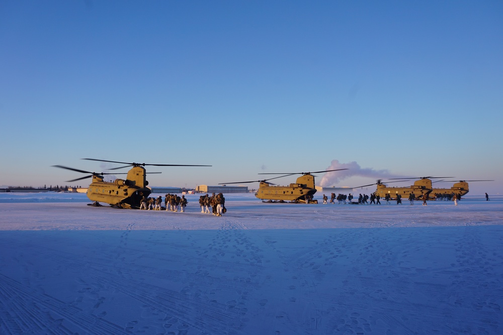 Soldier's from 1st Stryker Brigade Combat Team, 25th Infantry Division Board CH-47's at Ladd Army Air Field