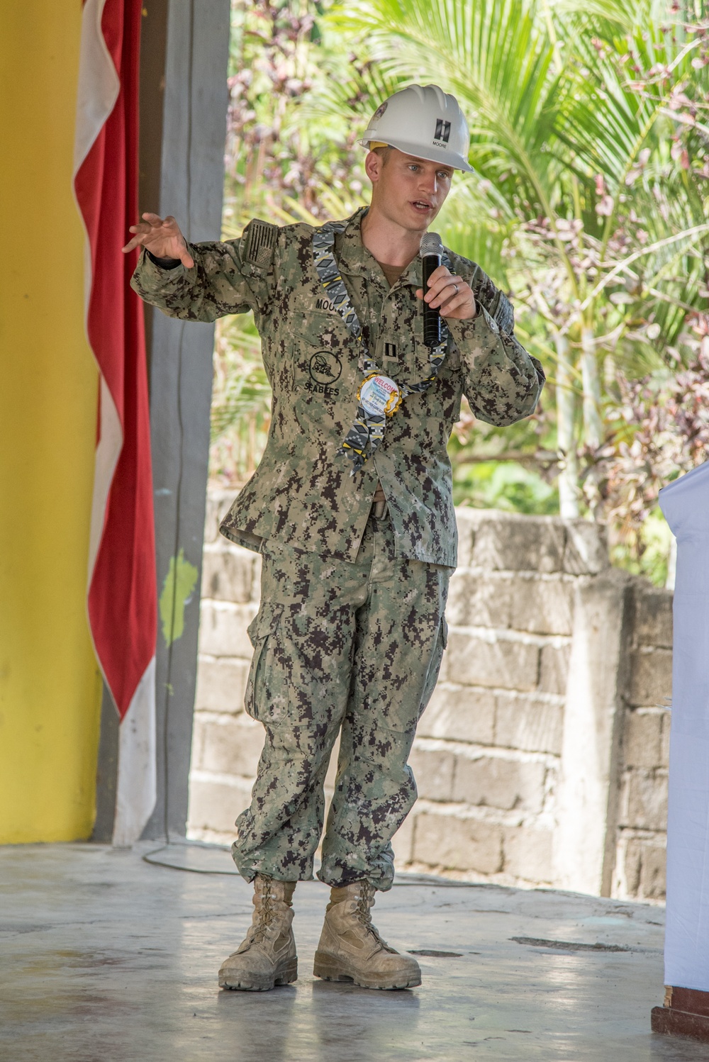 U.S. Navy Seabees with NMCB-5’s Detail Palawan attend the ribbon cutting ceremony at Malatgao Elementary School