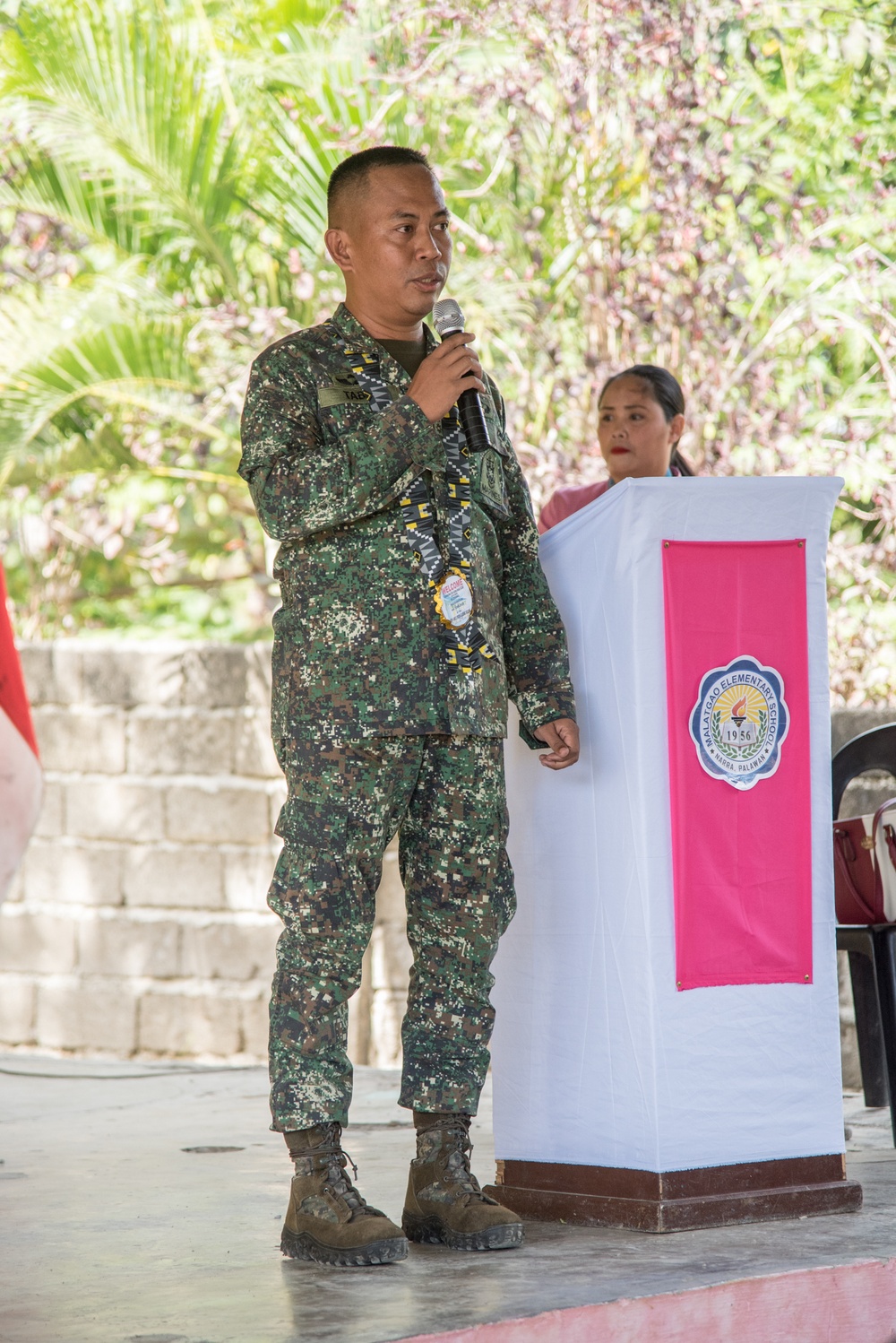 U.S. Navy Seabees with NMCB-5’s Detail Palawan attend the ribbon cutting ceremony at Malatgao Elementary School