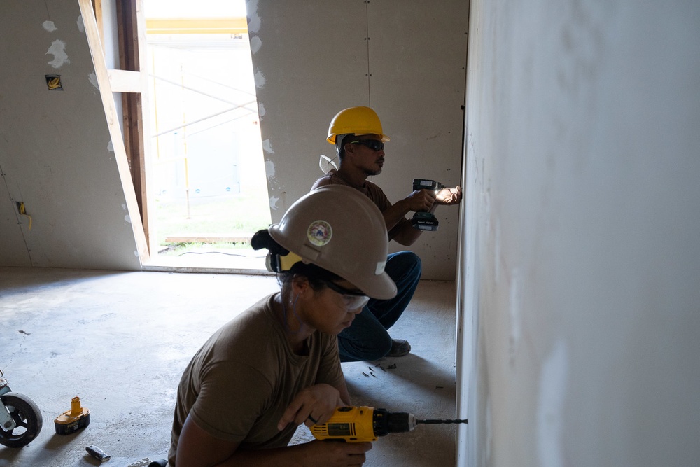 U.S. Navy Seabees deployed with NMCB-5’s Detail Pohnpei continue construction on Sokehs Pah Elementary School
