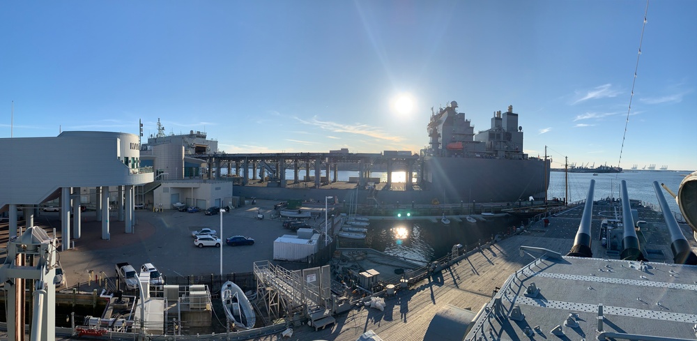 USNS Hershel Williams (T-ESB-4) pierside behind Hampton Roads Naval Museum