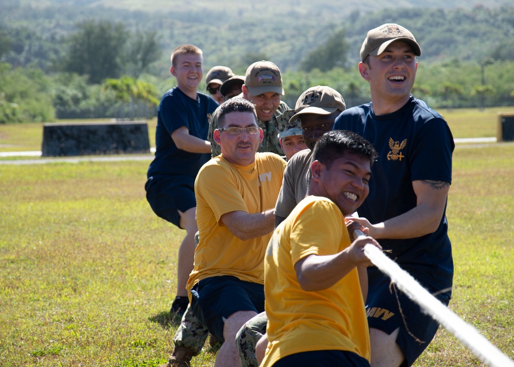 Sailors participate in tug-of-war competition