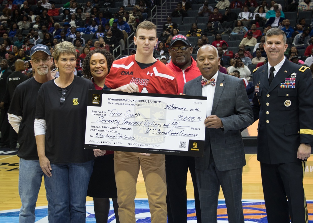 Cadet Command DCG presents Army ROTC scholarships to Cadets at the 2020 CIAA Basketball Tournament