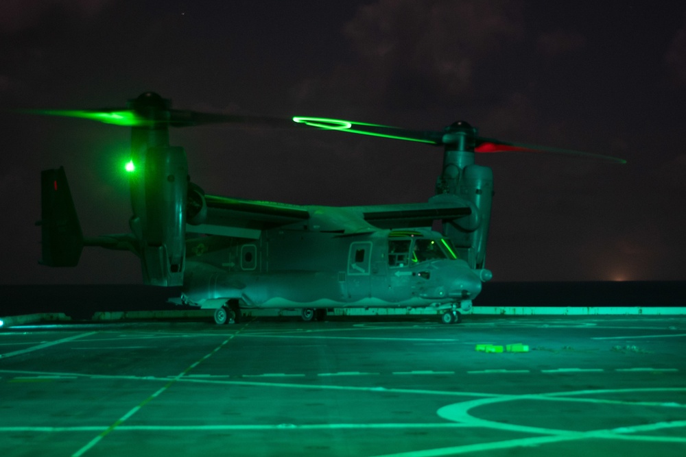 Air Force CV-22 Ospreys conduct night operations with USS Green Bay (LPD 20), March 5, 2020.