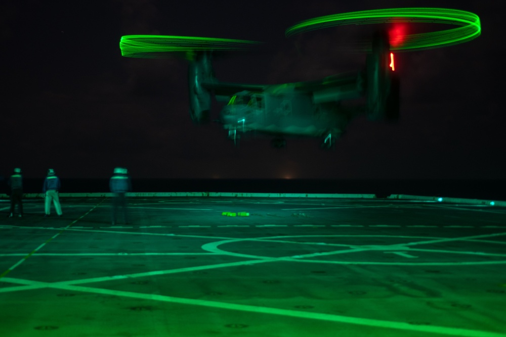 Air Force CV-22 Ospreys conduct night operations with USS Green Bay (LPD 20), March 5, 2020.