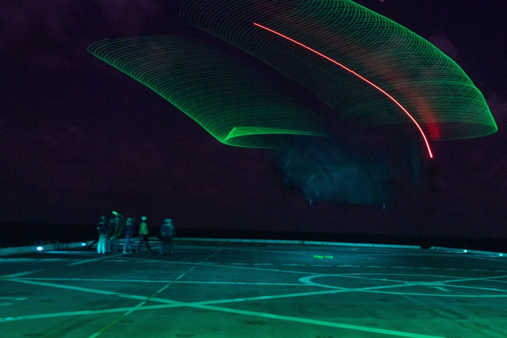 Air Force CV-22 Ospreys conduct night operations with USS Green Bay (LPD 20), March 5, 2020.