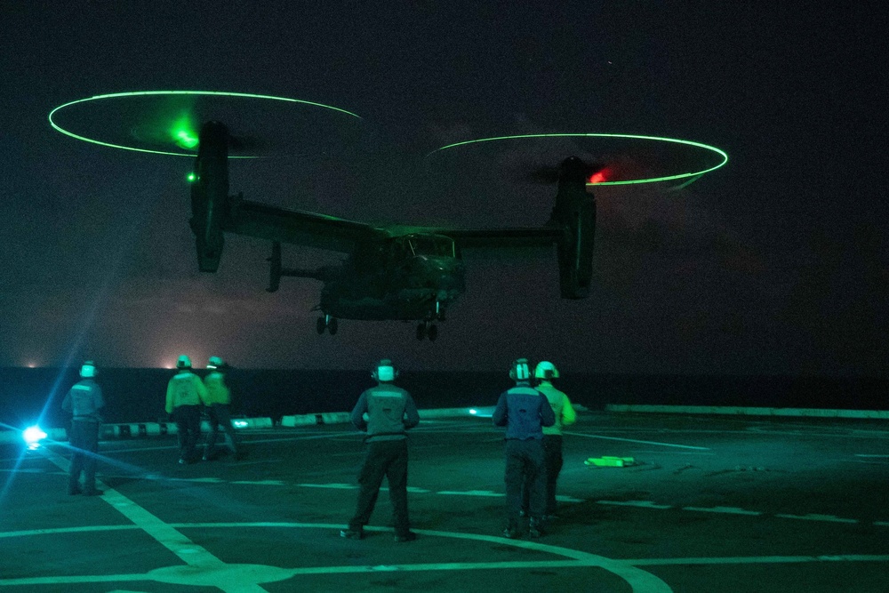 Air Force CV-22 Ospreys conduct night operations with USS Green Bay (LPD 20), March 5, 2020.