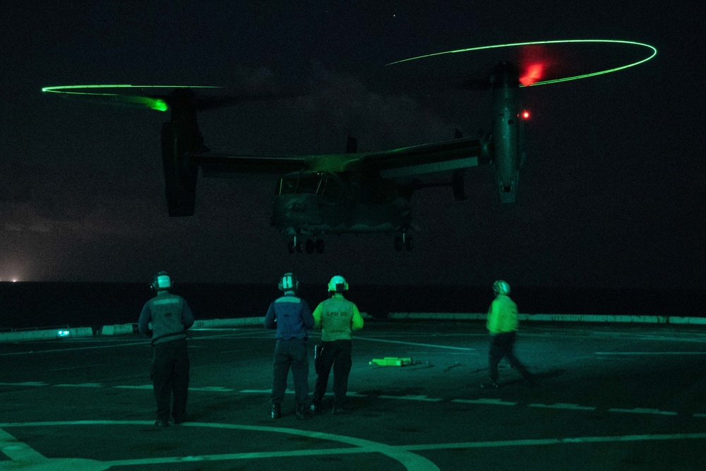 Air Force CV-22 Ospreys conduct night operations with USS Green Bay (LPD 20), March 5, 2020.