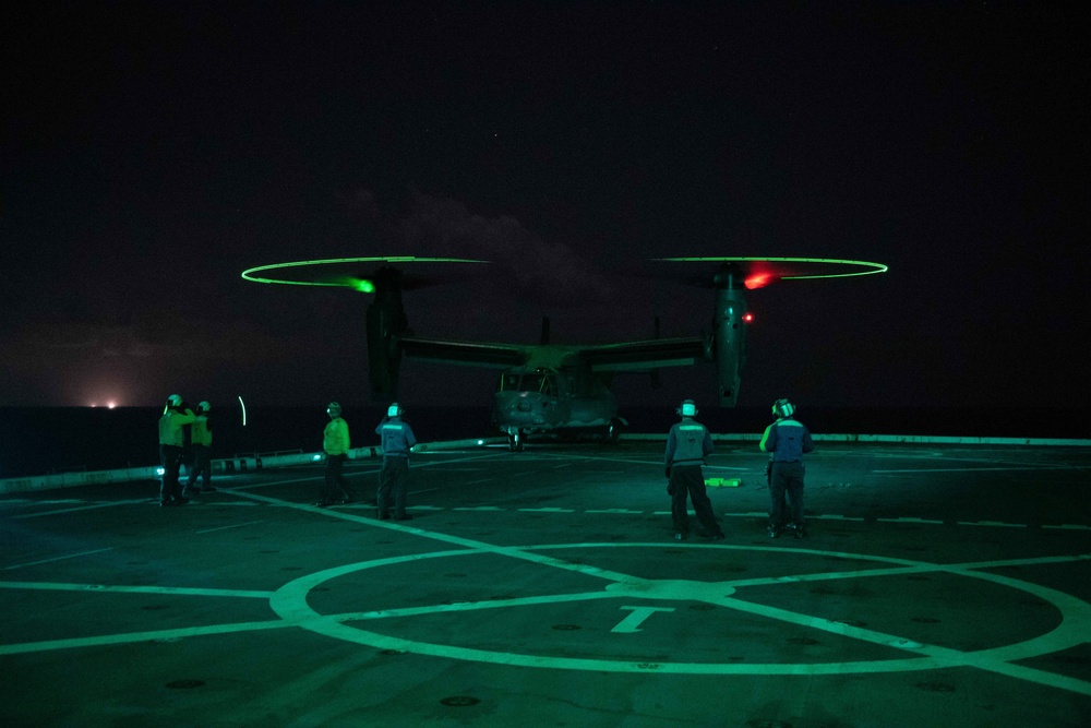 Air Force CV-22 Ospreys conduct night operations with USS Green Bay (LPD 20), March 5, 2020.