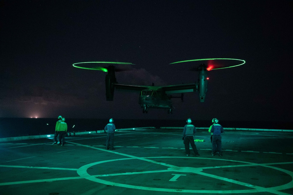 Air Force CV-22 Ospreys conduct night operations with USS Green Bay (LPD 20), March 5, 2020.