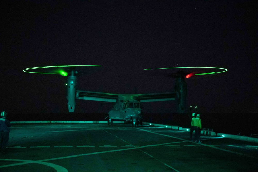 Air Force CV-22 Ospreys conduct night operations with USS Green Bay (LPD 20), March 5, 2020.