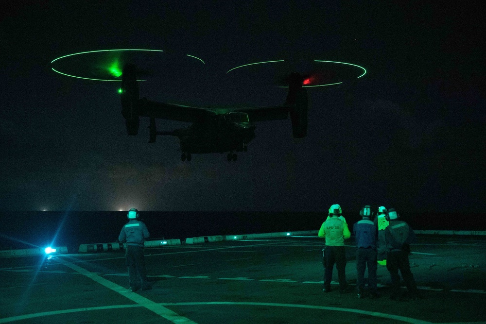 Air Force CV-22 Ospreys conduct night operations with USS Green Bay (LPD 20), March 5, 2020.