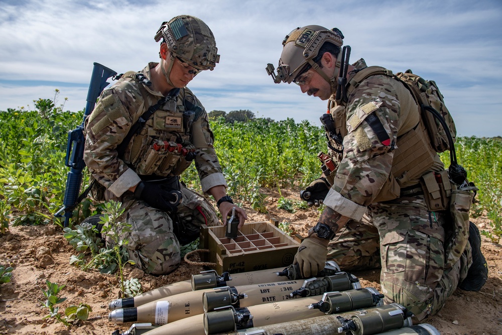 Explosive ordnance technicians conduct a simulated demolition shot, as part of surface cache prosecution training