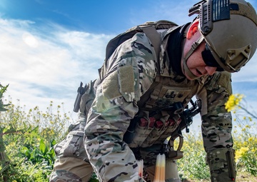 Explosive ordnance technicians conduct a close-range recon of a buried unexploded ordnance (UXO), as part of EOD surface response training