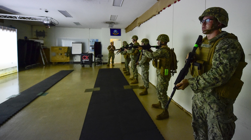 U.S. Navy Seabees with NMCB-5 train on board Camp Shields