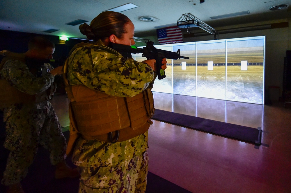 U.S. Navy Seabees with NMCB-5 train on board Camp Shields