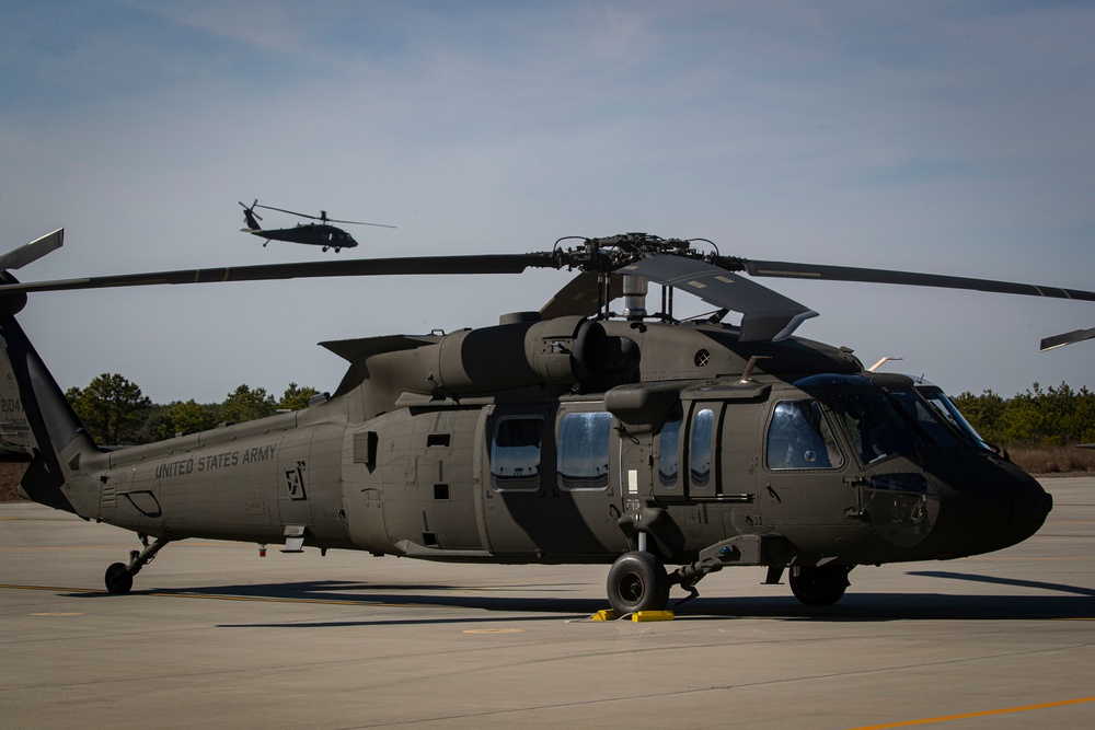 A U.S. Army National Guard UH-60M Black Hawk helicopter takes off for a training flight.