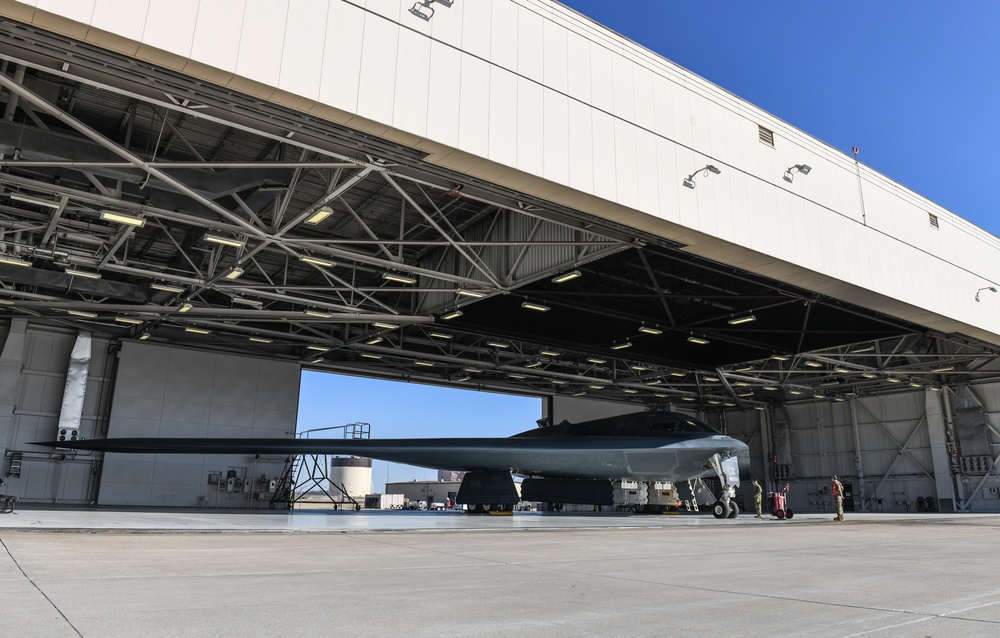 B-2 Spirits take off at Whiteman Air Force Base, support Bomber Task Force deployment in Europe