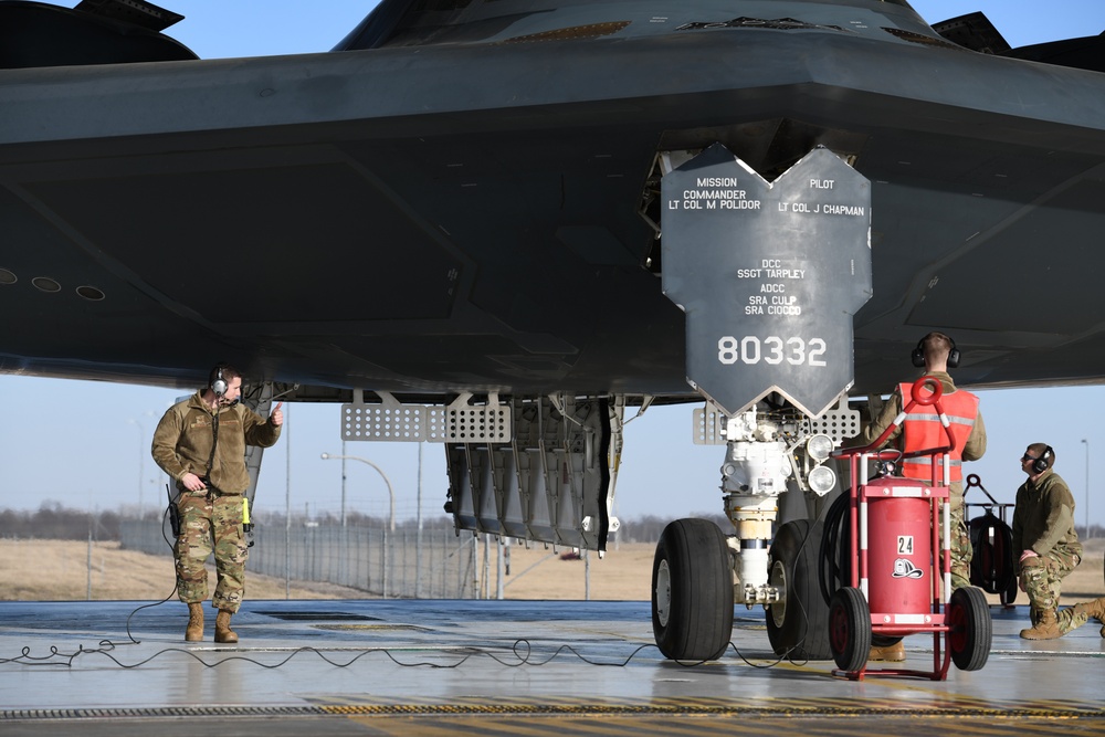 B-2 Spirits take off at Whiteman Air Force Base, support Bomber Task Force deployment in Europe