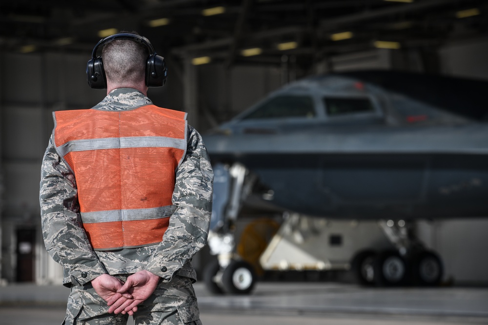 B-2 Spirits take off at Whiteman Air Force Base, support Bomber Task Force deployment in Europe