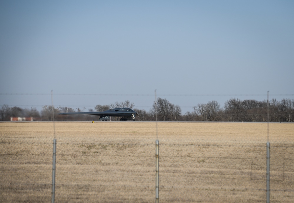 B-2 Spirits take off at Whiteman Air Force Base, support Bomber Task Force deployment in Europe