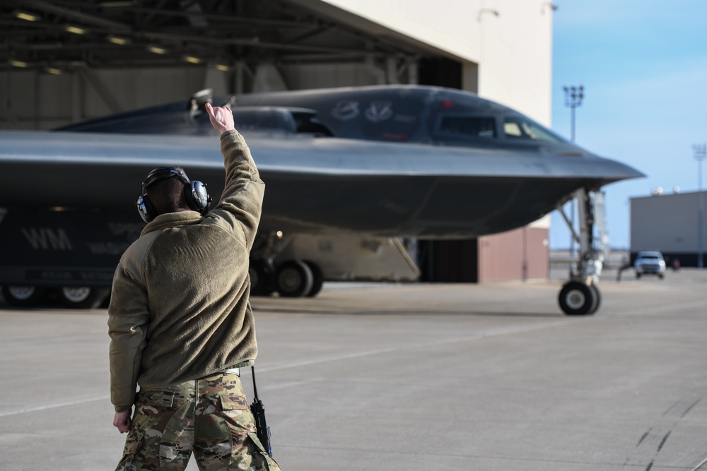 B-2 Spirits take off at Whiteman Air Force Base, support Bomber Task Force deployment in Europe