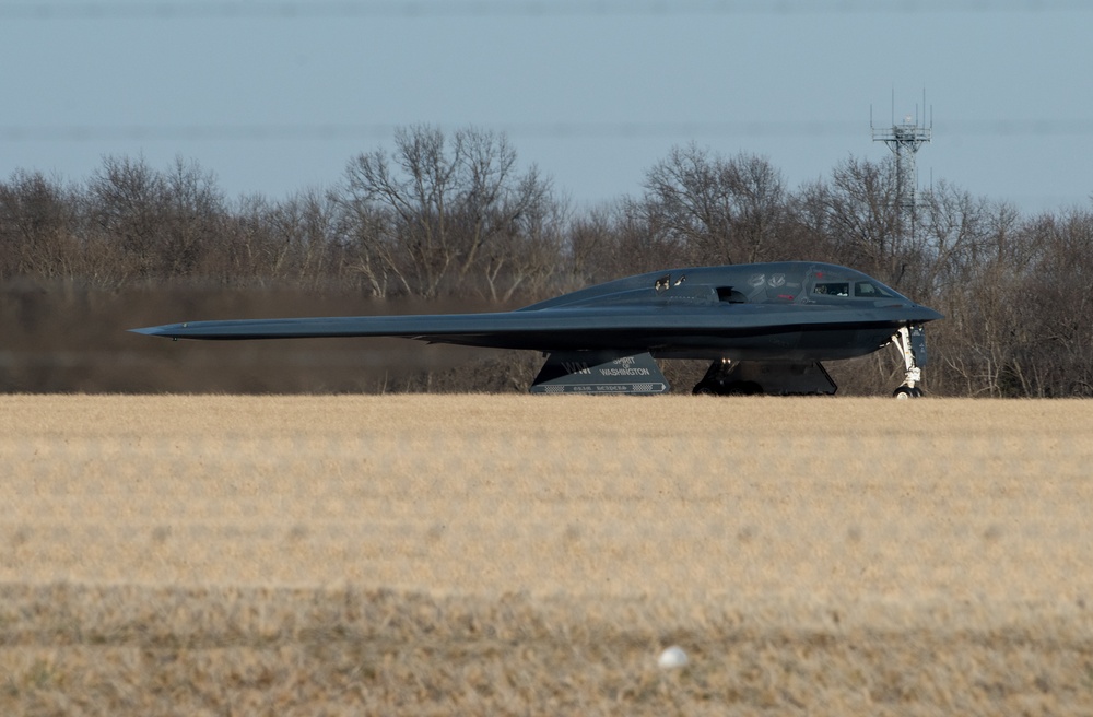 B-2 Spirits take off at Whiteman Air Force Base, support Bomber Task Force deployment in Europe