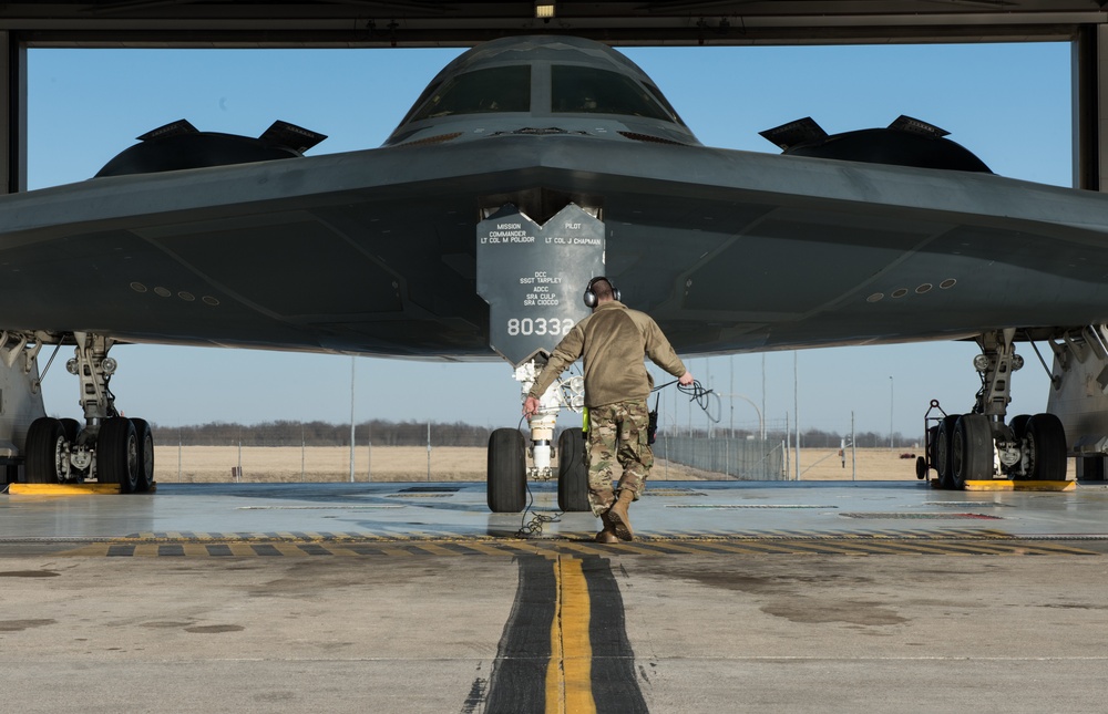 B-2 Spirits take of from Whiteman Air Force Base, support Bomber Task Force in Europe