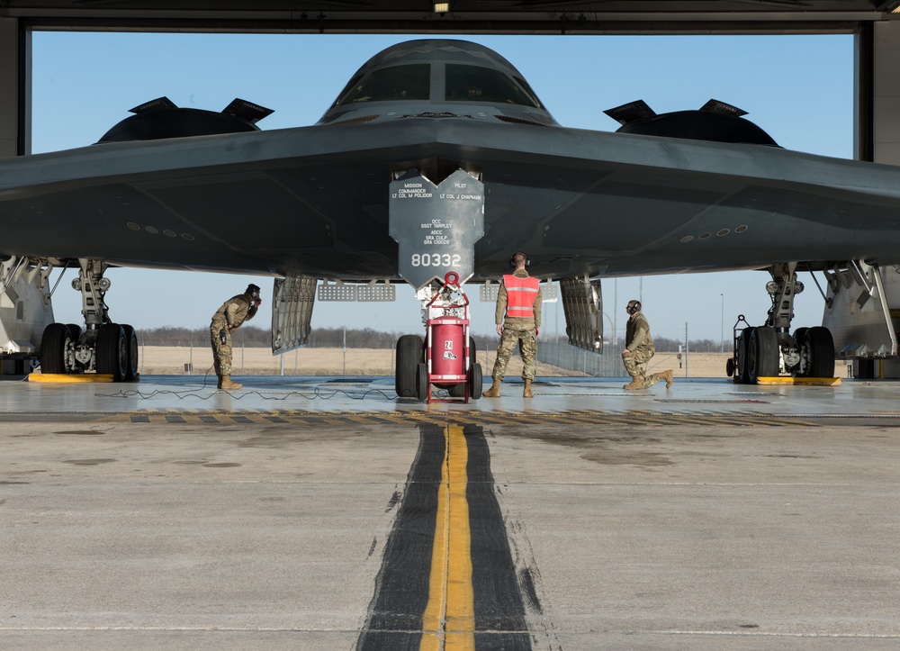 B-2 Spirits take off from Whiteman Air Force Base, support Bomber Task Force operations in Europe