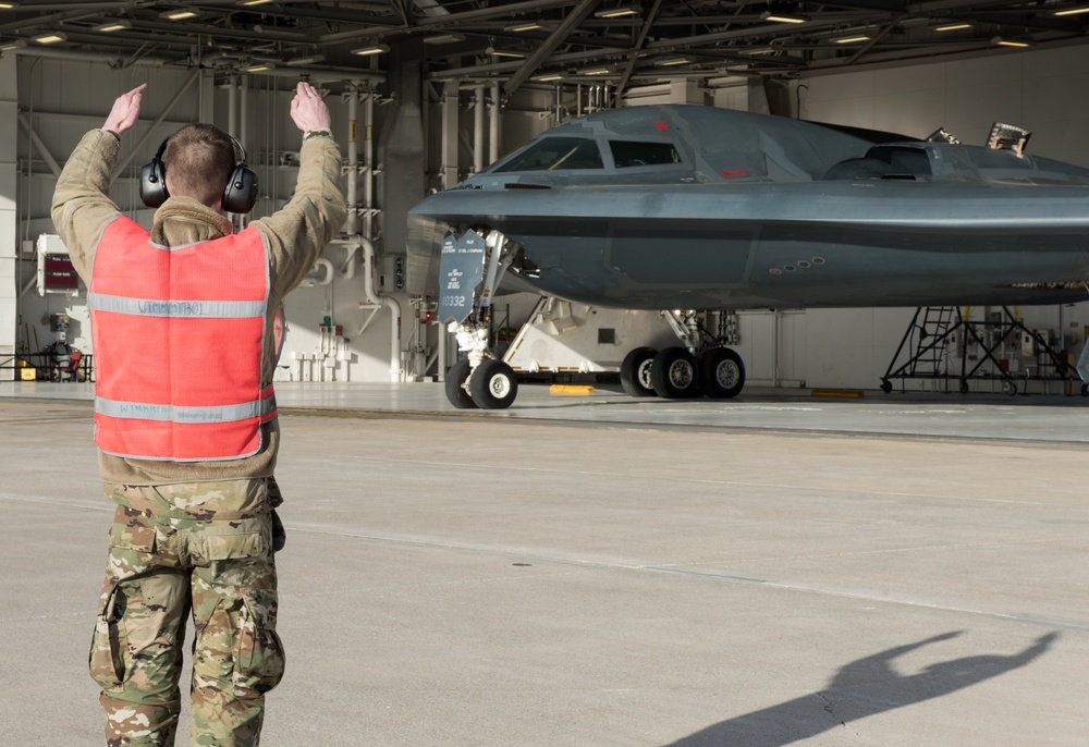 B-2 Spirits take off from Whiteman Air Force Base, support Bomber Task Force operations in Europe