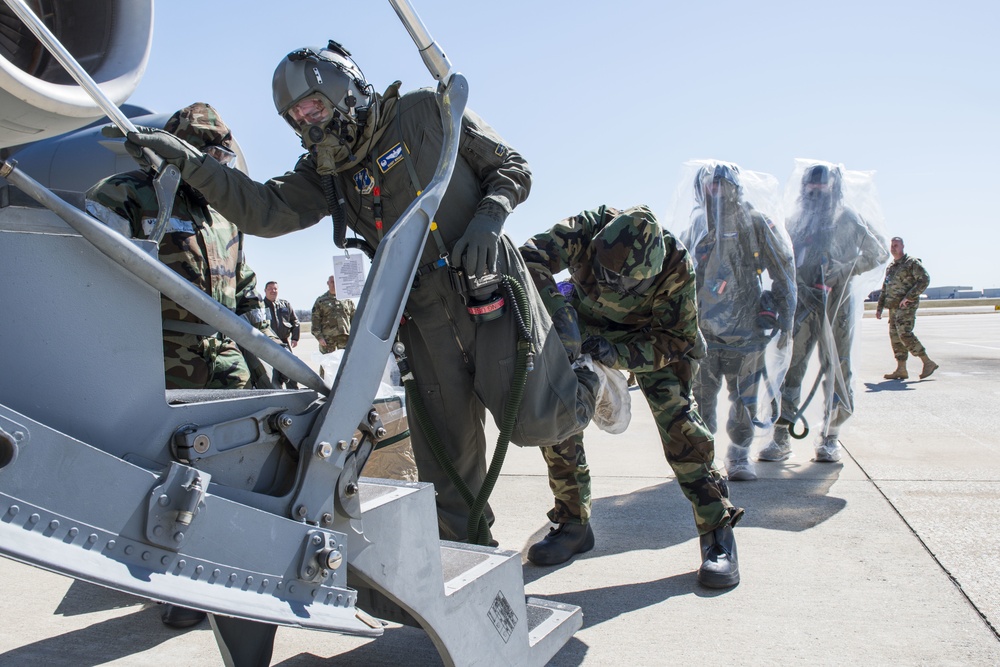 Maintainers and aircrew practice decon procedures