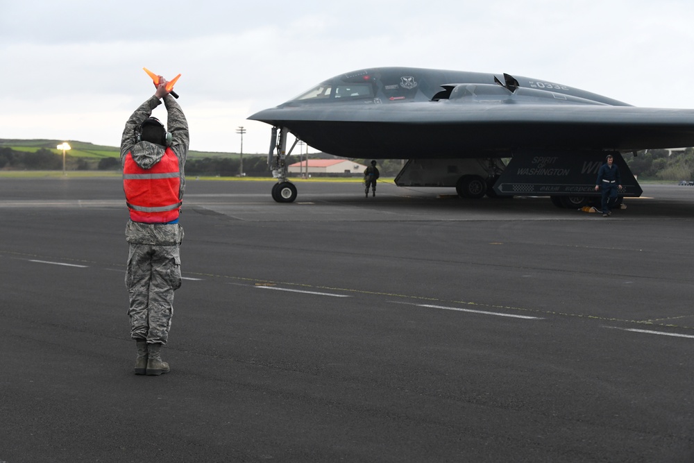 Whiteman AFB B-2 Spirits leave Lajes Field