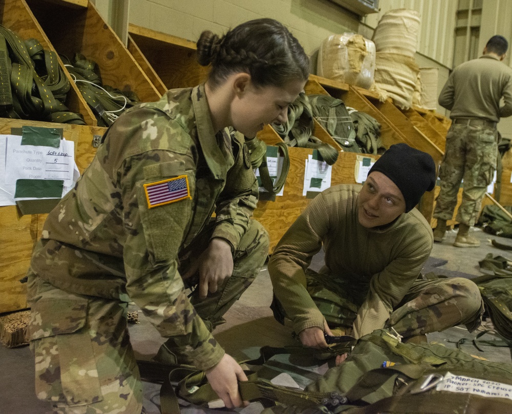 U.S. Army Reserve Soldiers ready platforms and parachutes for upcoming exercise.