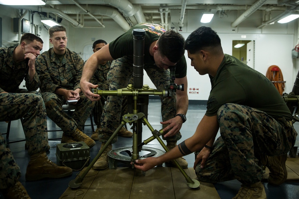 31st MEU Marines conduct 60mm mortars class aboard USS America