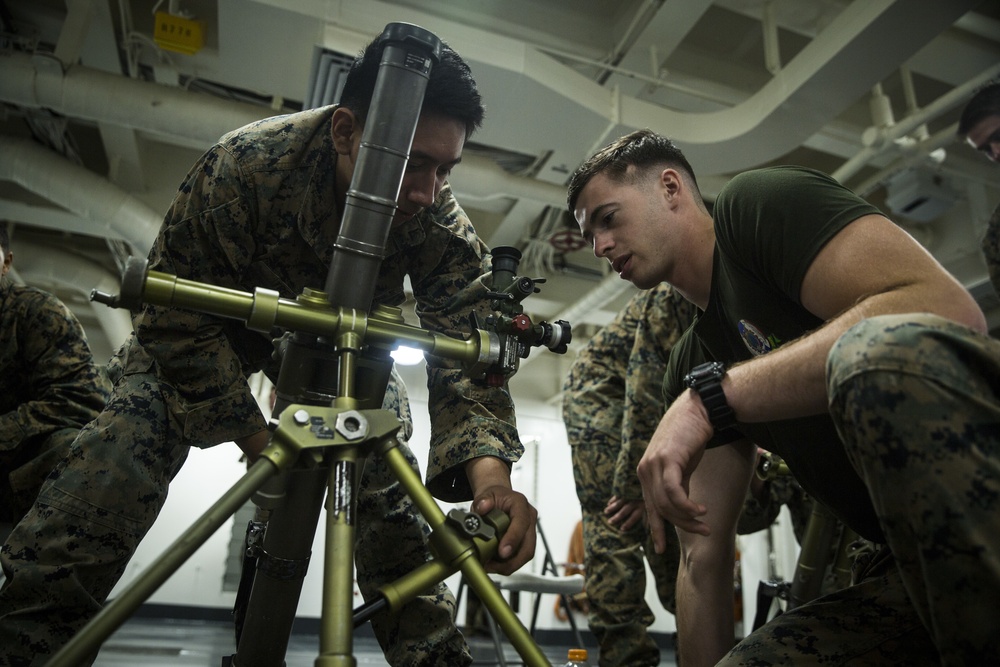 31st MEU Marines conduct 60mm mortars class aboard USS America