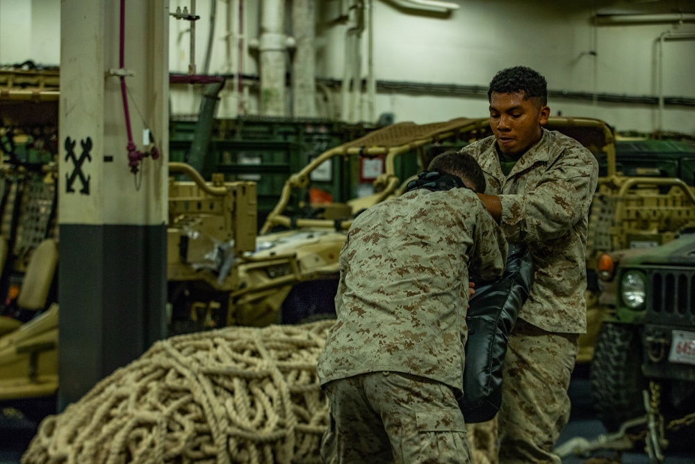 31st MEU Marines conduct MCMAP aboard USS America